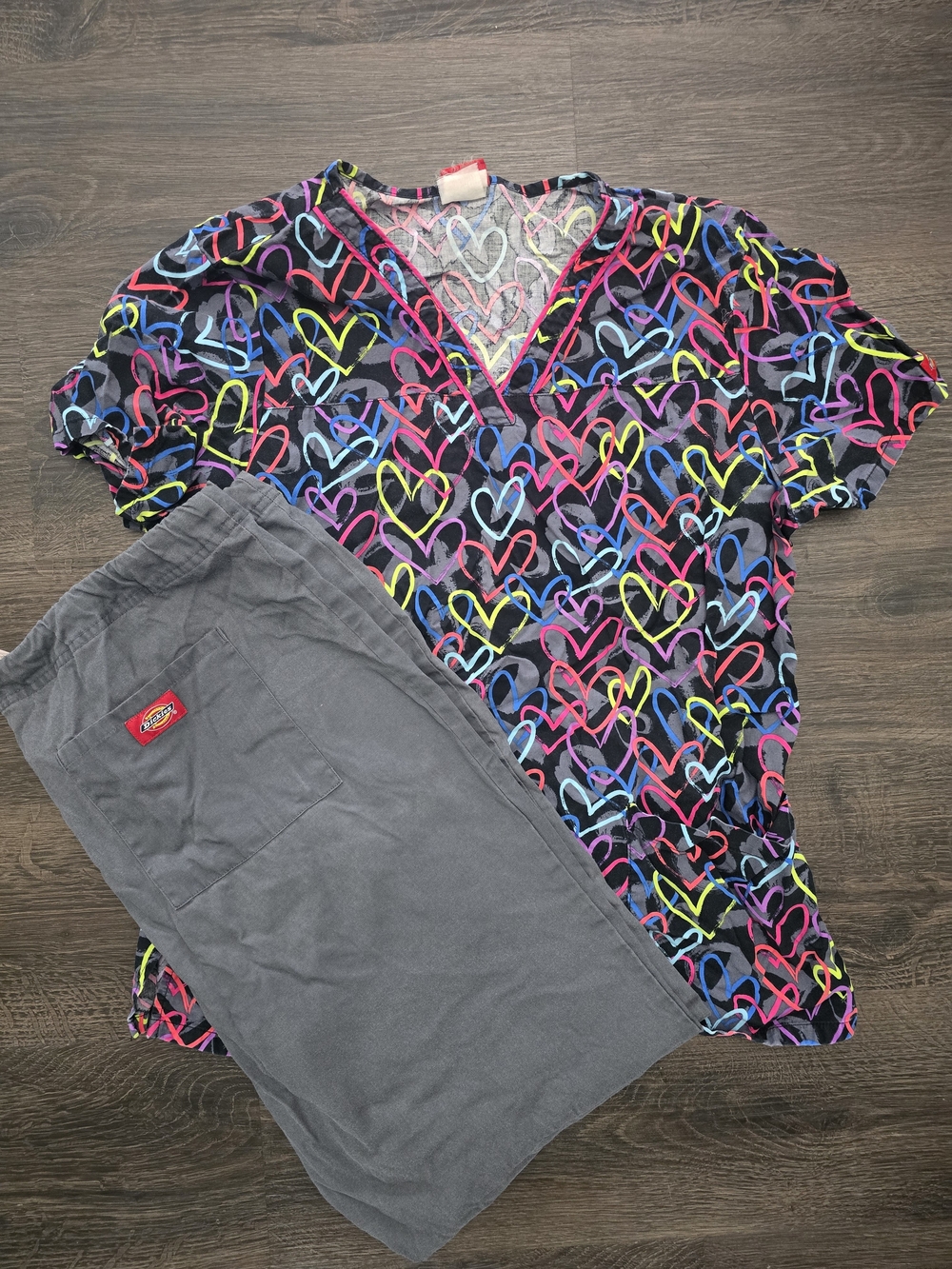 Dickies Black Multicolor Heart Print Scrub Top with Gray Scrub Pants